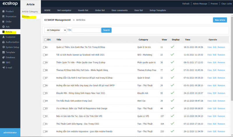 danh sách tin tức ecshop