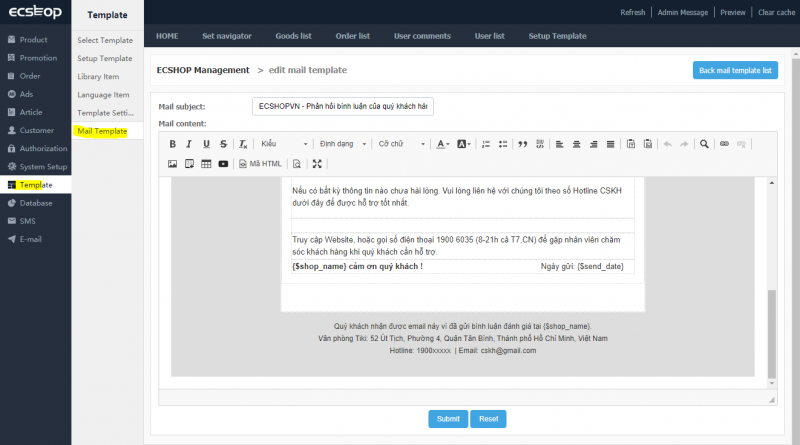 Chỉnh sửa Email Template ECShop