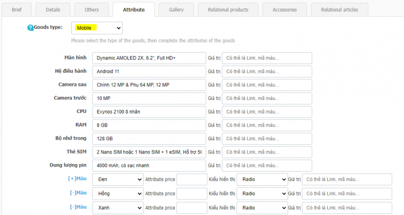 Thêm thuộc tính cho sản phẩm