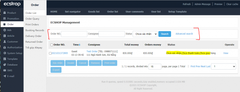 Danh sách đơn hàng ECShop