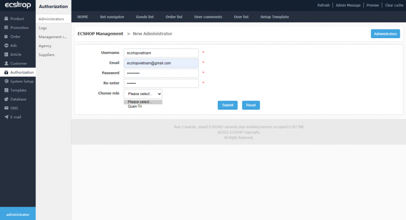 Thêm quản trị viên ecshop