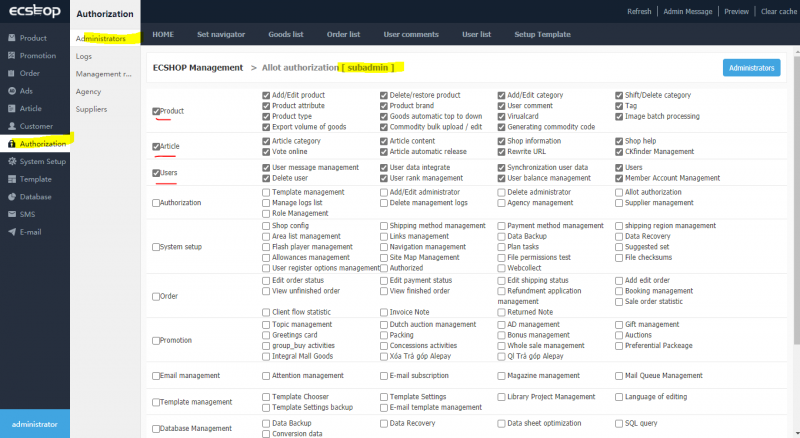 phân quyền user ecshop